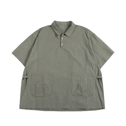 Retro Cityboy Stripe Stitching Half Placket Loose Short Sleeve Shirt - 100% Cotton Summer Top for Men | Japanese vintage | yamalin clothes | Yamalinclothes
