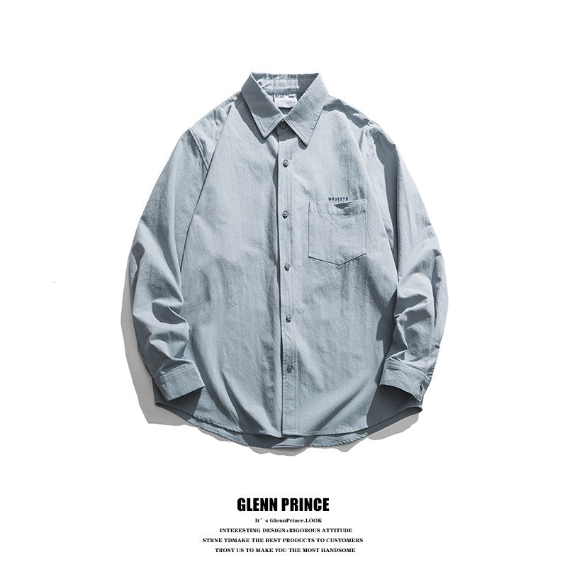 Japanese trend embroidery letter solid color lapel long sleeve shirt men's spring and autumn cleanfit shirt | Japanese vintage | yamalin clothes | Yamalinclothes
