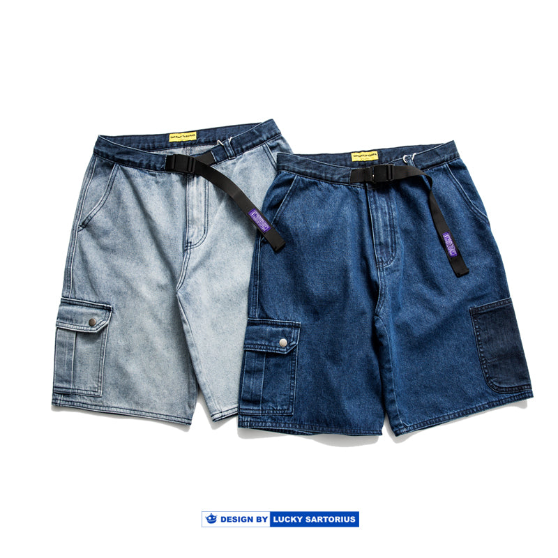 washed old color matching jeans loose shorts frock pants for men