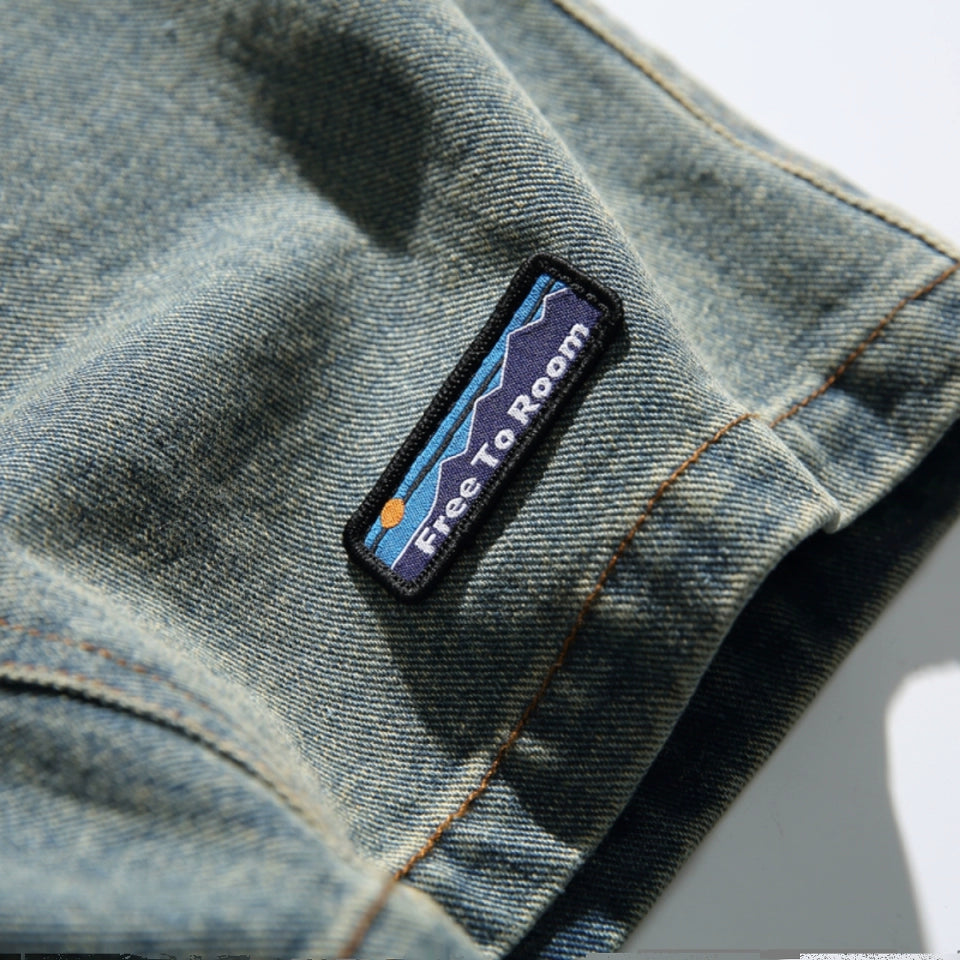 In summer, the new American trend washed denim shorts, men's fashion brand loose detachable strap, loose five-point medium pants tide