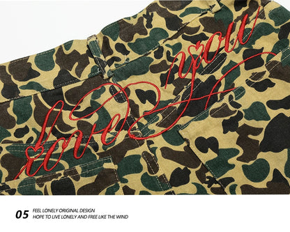 American retro camouflage jeans shorts, men's fashionable summer loose straight pants, street cropped pants