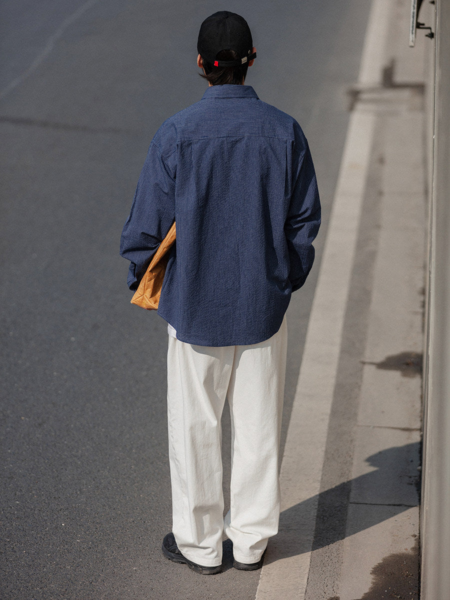 Cotton Pinstripe Shirt – Washed Navy & Relaxed Fit | Yamalinclothes