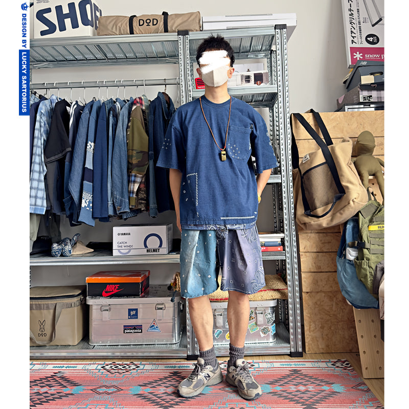 Japanese vintage indigo dyeing process, hem, cashew flower panels, loose short-sleeved T-shirts, men's and women's T-shirts