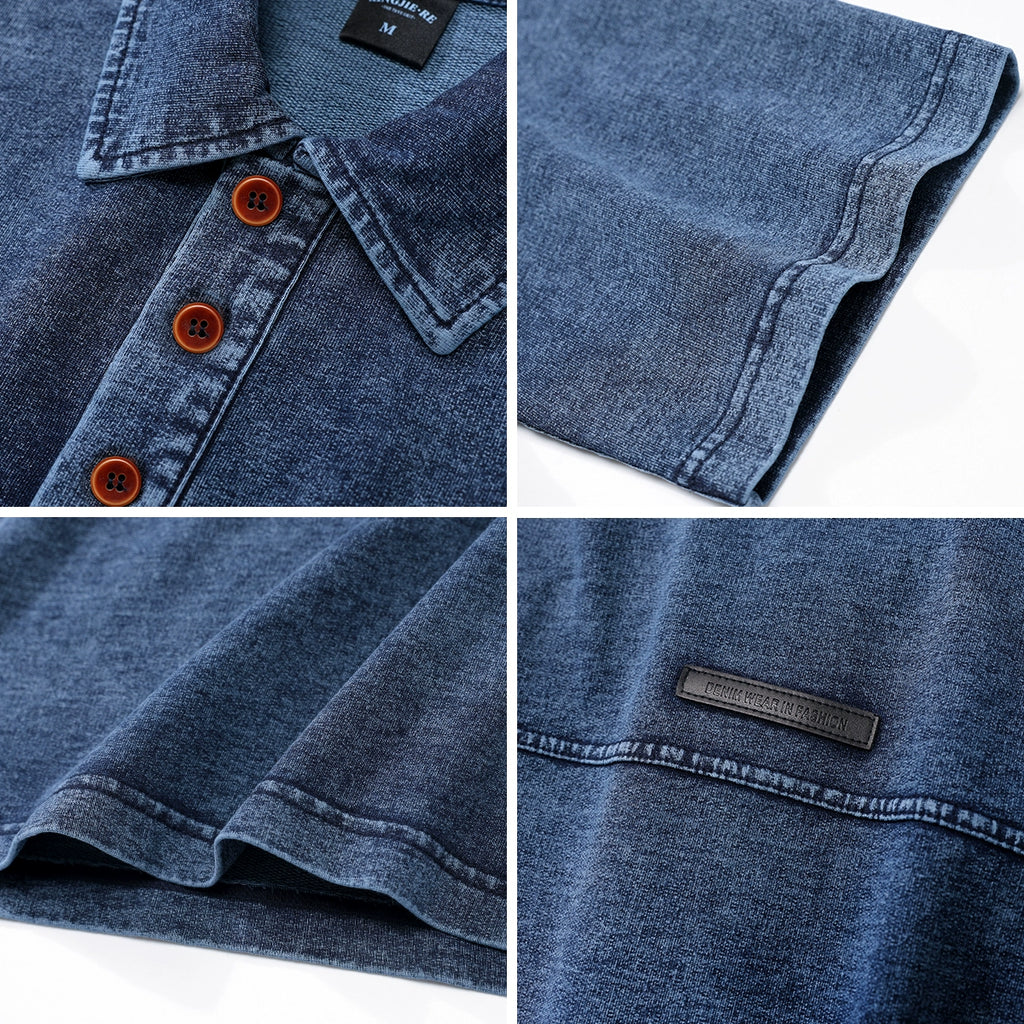 drape 250g terry knit polo shirt summer thin American lapel denim short sleeve T-shirt men