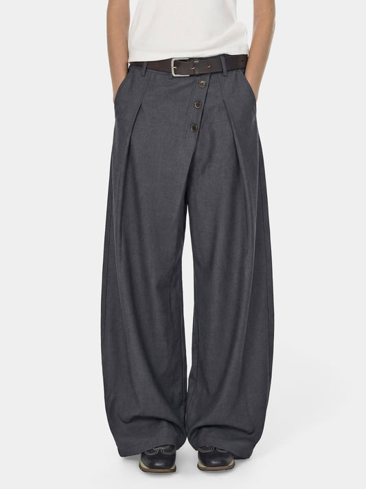 Wide-Leg Trousers – Diagonal Buttons & Deep Pleats