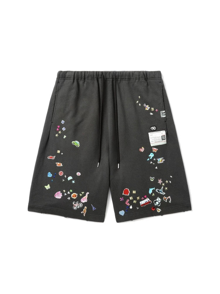 Japanese cotton fun print destruction elastic adjustment shorts