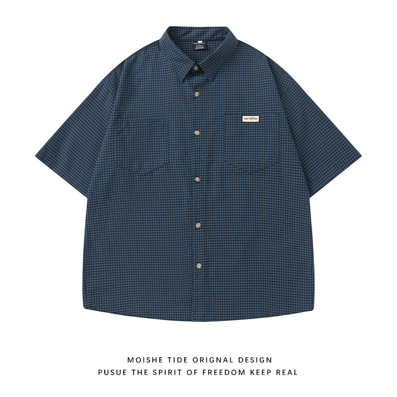 Japanese vintage plaid short-sleeve shirt for men and women, summer loose versatile, high-end shirt trend