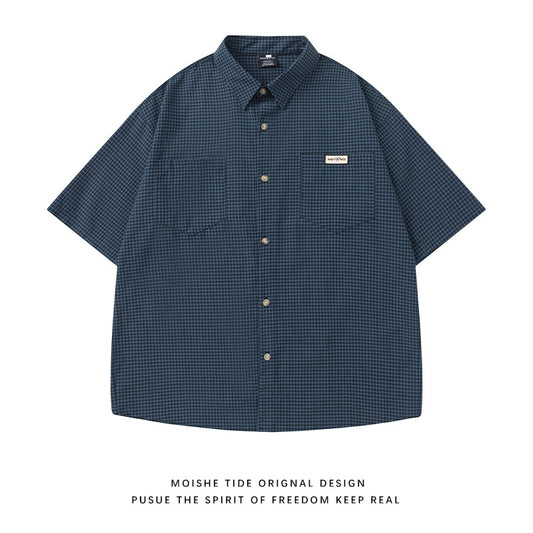 Japanese vintage plaid short-sleeve shirt for men and women, summer loose versatile, high-end shirt trend