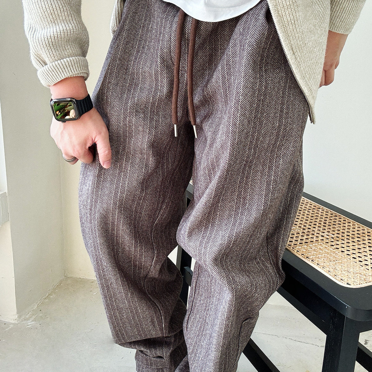 Herringbone Woolen Pants – Relaxed Straight Leg