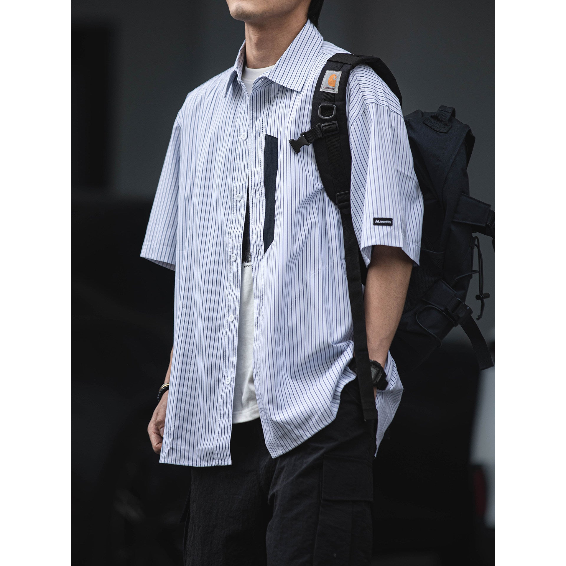 Ruffian summer Japanese short-sleeved shirt men's CityBoy casual three-quarter sleeve personalized striped cotton shirt trendy brand | Japanese vintage | yamalin clothes | Yamalinclothes