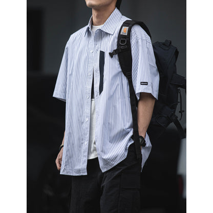 Ruffian summer Japanese short-sleeved shirt men's CityBoy casual three-quarter sleeve personalized striped cotton shirt trendy brand | Japanese vintage | yamalin clothes | Yamalinclothes