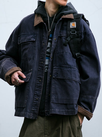 Cotton Cargo Jacket – Corduroy Collar & Four Pockets | Yamalin clothes | Vintage workwear outfit for men