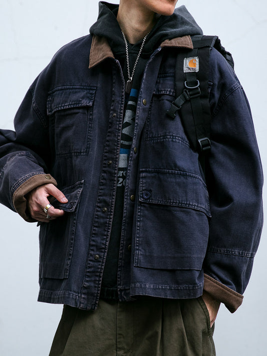 Cotton Cargo Jacket – Corduroy Collar & Four Pockets | Yamalin clothes | Vintage workwear outfit for men