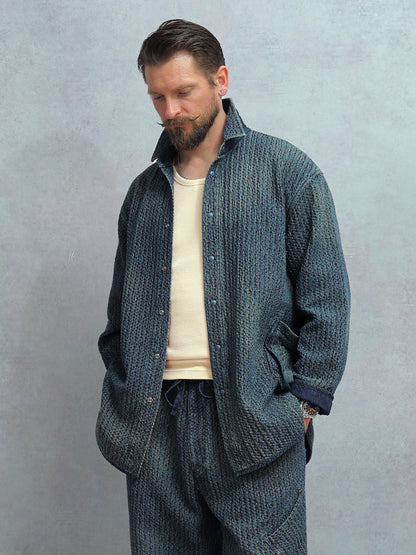 Draw-Dye Distressed Honeycomb Shirt Jacket – Japanese Vintage Loose Mid-Length Unisex – Coats Jackets | japanese streetwear | vintage workwear | unisex | Yamalinclothes