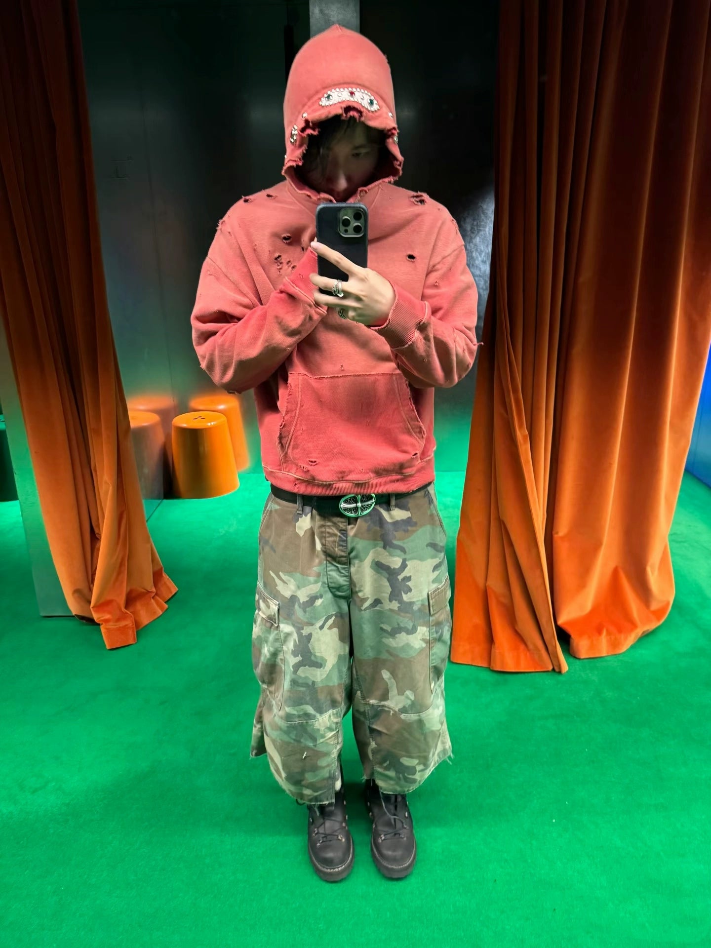 Kapital 25AW Bieber Same Hooded Sweatshirt - Japanese Batik Washed Destruction Gemstone Style