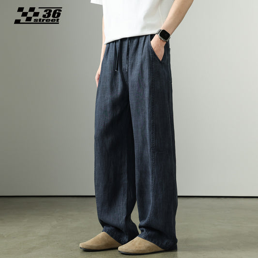 Vintage Lyocell linen slacks men's summer new Tencel breathable loose wide-leg straight men's scimitar pants