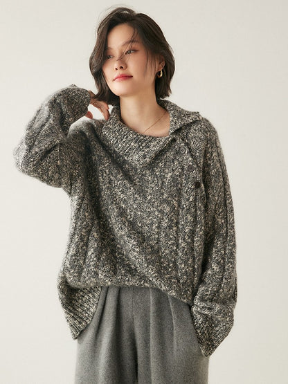 Heavy-duty lazy cashmere sweater, diagonal buttoned floral tulle, thickened twisted high-neck sweater, Korean autumn/winter new women's knitwear | Yamalinclothes