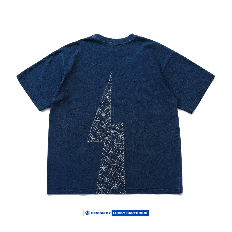 Japanese vintage men's lightning embroidery washed blue dyed denim men's top short sleeve crewneck T-shirt men's and women's t-shirts