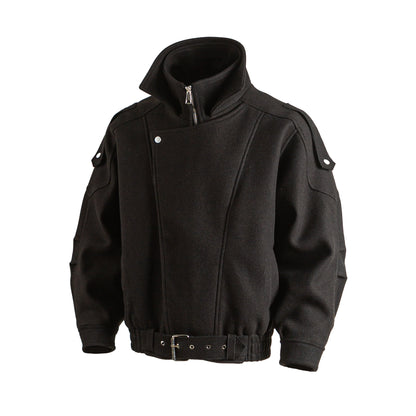 American Retro Wool Lapel Motorcycle Jacket - Cropped Unisex Autumn Winter Coat