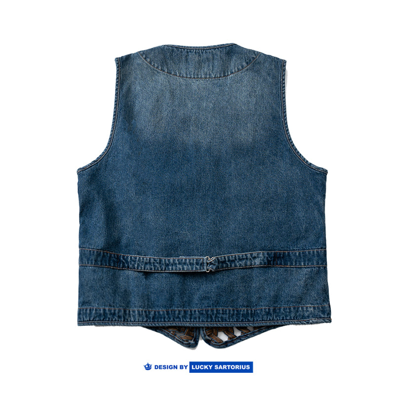 Hand-woven cut-out casual loose denim vest jacket for young men and women