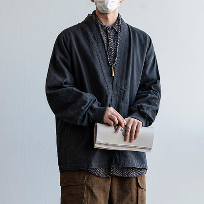 Solid Cotton V-Neck Robe Jacket – American Retro Oversized Unisex – Japanese vintage | fall outfits 2026 | fall winter outfits | classy winter outfits | lazy comfy outfits | japanese streetwear | vintage workwear | yamalin clothes | Yamalinclothes