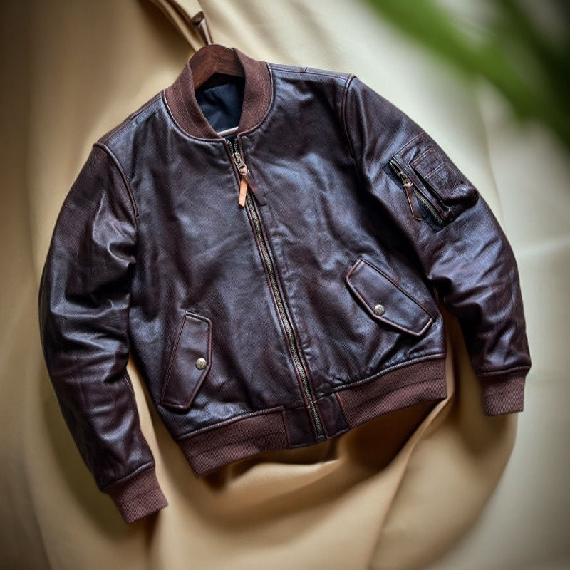 Vintage Cowhide MA-1 Flight Jacket – Hand-Polished Dark Brown Leather