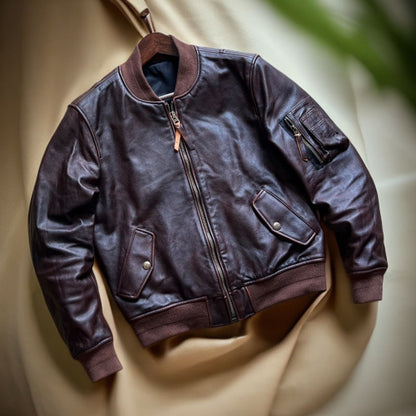Vintage Cowhide MA-1 Flight Jacket – Hand-Polished Dark Brown Leather