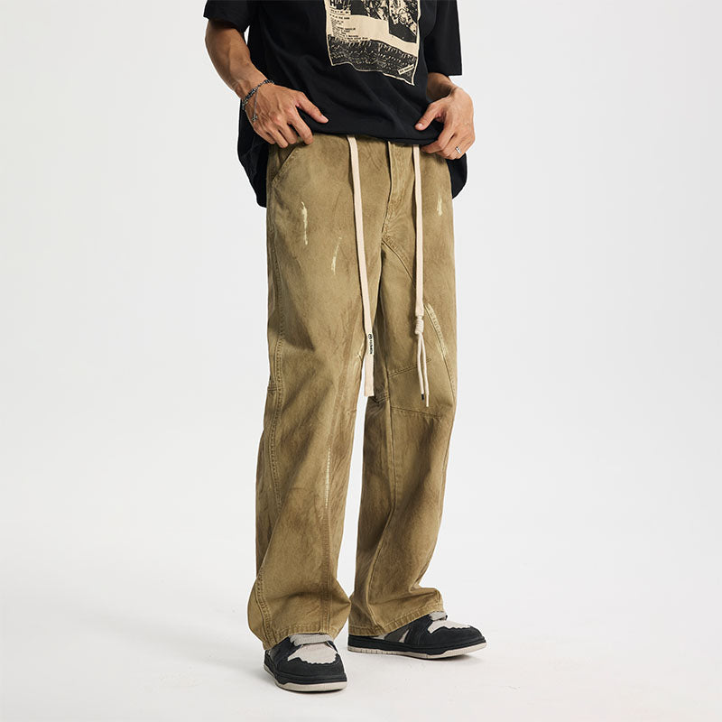 Army Green Straight Loose Elastic Waist Workwear Jeans – Unisex Casual