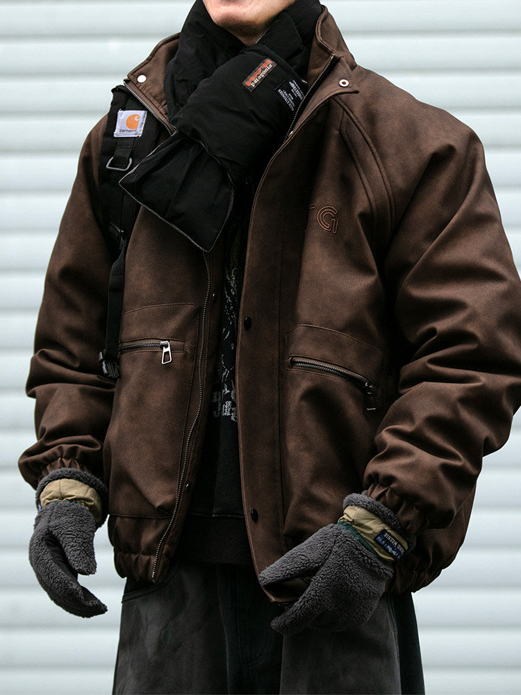 Embroidered Stand Collar Leather Jacket – American Retro Thickened Windproof Unisex – Coats Jackets | japanese streetwear | vintage workwear | unisex | Yamalinclothes