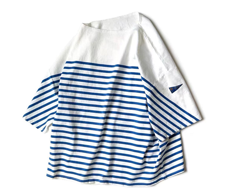 striped color-blocking three flags five-point sleeve round neck loose short-sleeved T-shirt