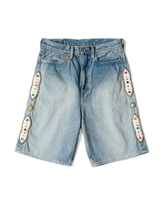 Japanese Retro Washed Denim Shorts – Gemstone Stud Detail Casual Streetwear