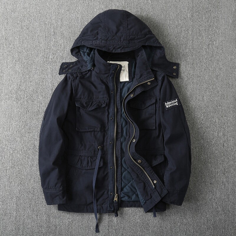 Heavy Distressed Hooded Camouflage Cargo Jacket – Oversized Cotton Outdoor Coat