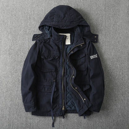 Heavy Distressed Hooded Camouflage Cargo Jacket – Oversized Cotton Outdoor Coat