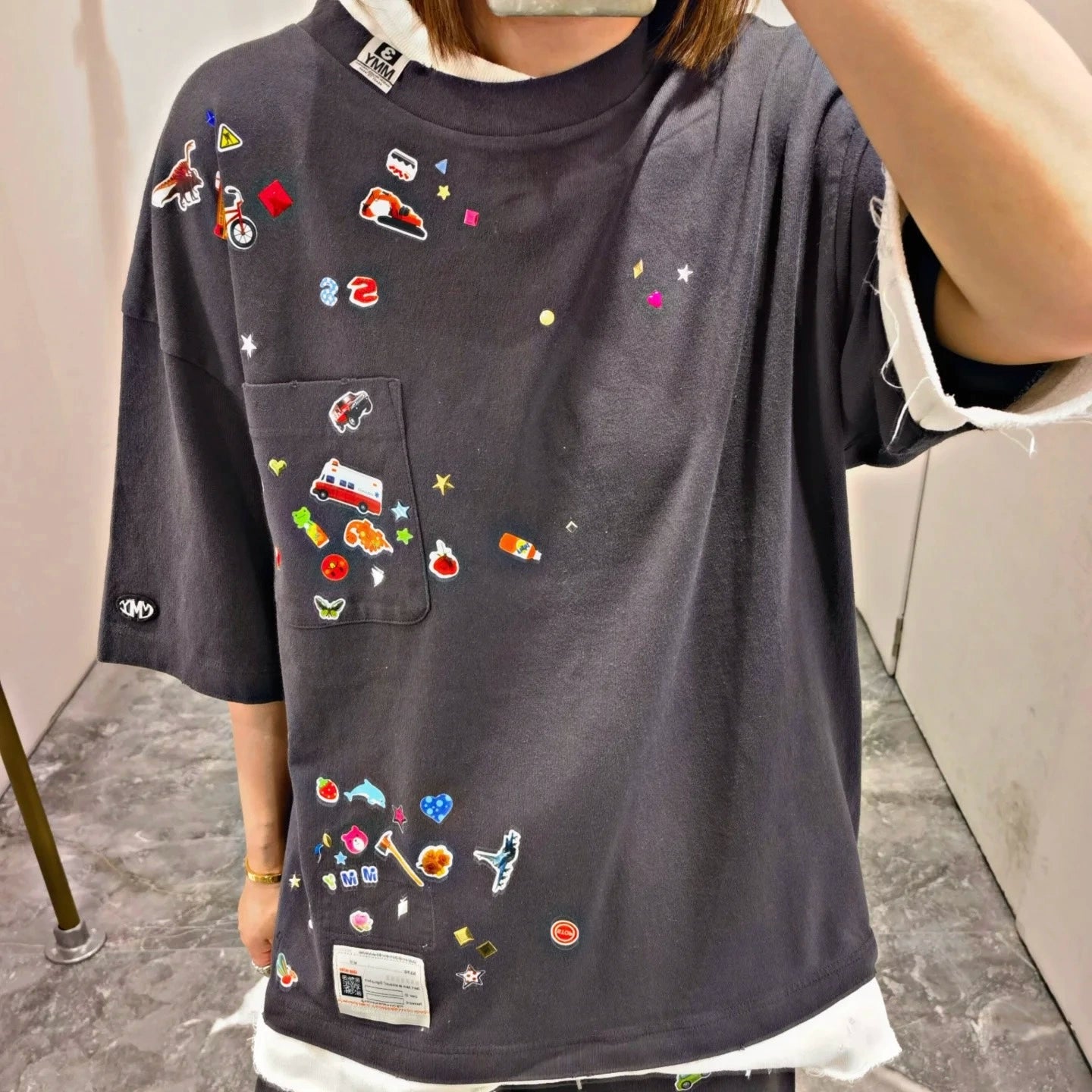 Japanese fun print fake three-piece splicing round collar short-sleeved T-shirt