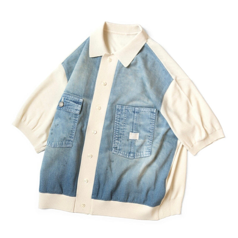 Japanese Casual Knit Denim Patchwork Collar Polo Short Sleeve Shirt - Color Block Summer Top for Men