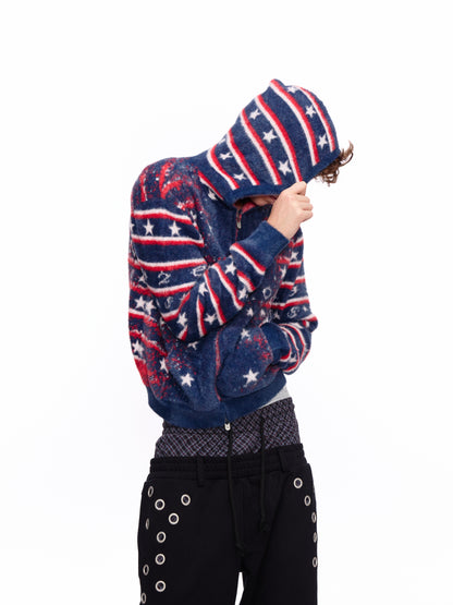 Hooded Knit Cardigan – Star & Stripe Jacquard