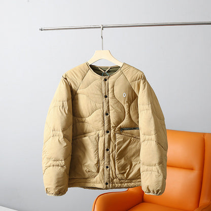 Collarless Down Jacket – Wave Quilting & Snap Front