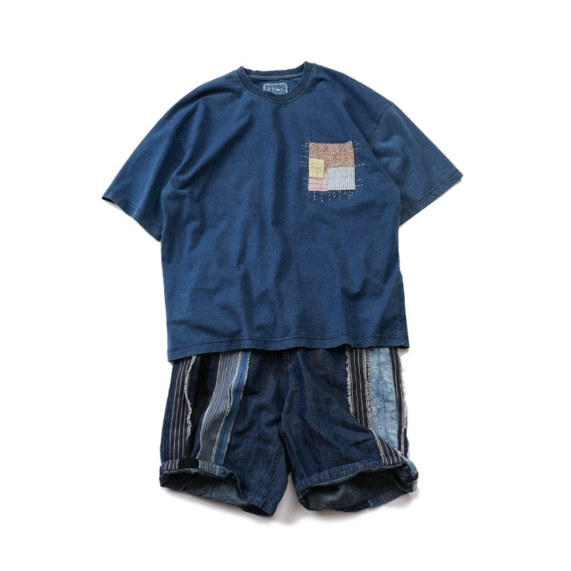 Japanese men's indigo dyed hand-embroidered patch loose short sleeve T-shirt men's summer crewneck T-shirt for men and women