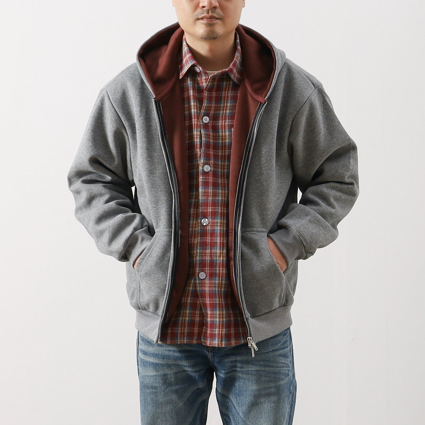 Heavy Contrast-Lined Hooded Cardigan – Short & Wide Loose Fit (Unisex)