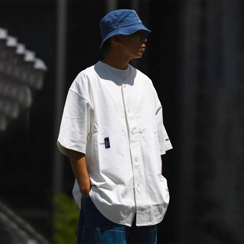Japanese heavy solid color casual short sleeve cityboy loose silhouette baseball shirt