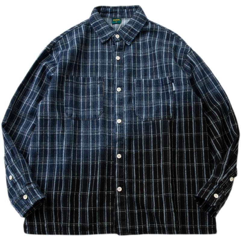 Japanese cotton and linen texture washed gradient blue and black plaid shirt