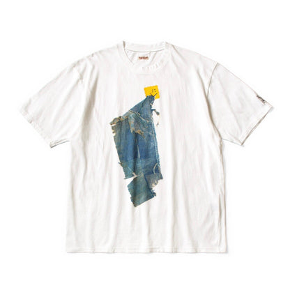 26SS Japanese Artisan Cotton Denim Smiley Face Print Loose Crew Neck Short Sleeve T-Shirt | Japanese vintage | yamalin clothes | Yamalinclothes