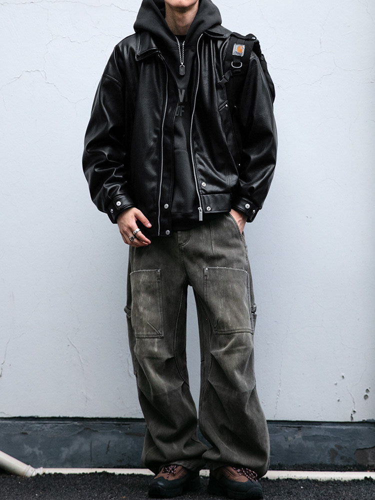 Soft PU Double-Layer Lapel Leather Jacket – American Retro Oversized Unisex – Japanese vintage | fall outfits 2026 | fall winter outfits | classy winter outfits | lazy comfy outfits | japanese streetwear | vintage workwear | yamalin clothes | Yamalinclothes