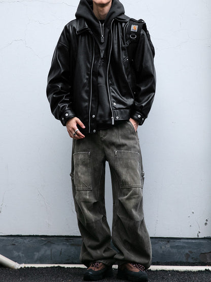 Soft PU Double-Layer Lapel Leather Jacket – American Retro Oversized Unisex – Japanese vintage | fall outfits 2026 | fall winter outfits | classy winter outfits | lazy comfy outfits | japanese streetwear | vintage workwear | yamalin clothes | Yamalinclothes