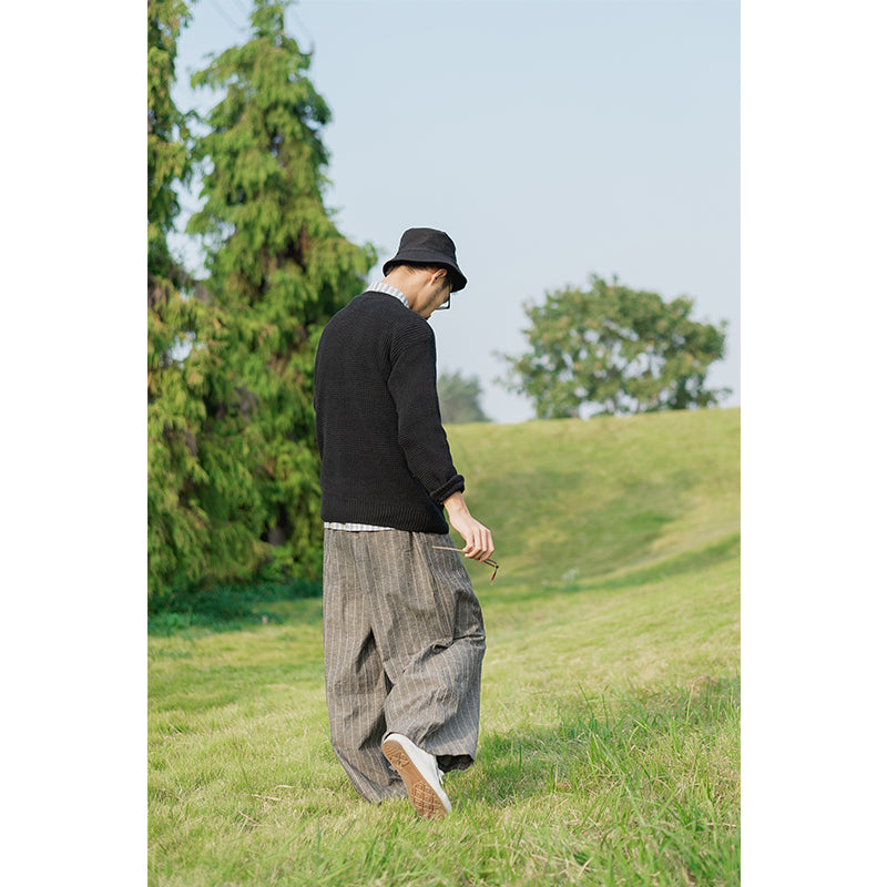 casual pants men's loose striped trousers cotton and linen Chinese style large size skirt pants Japanese retro art trend