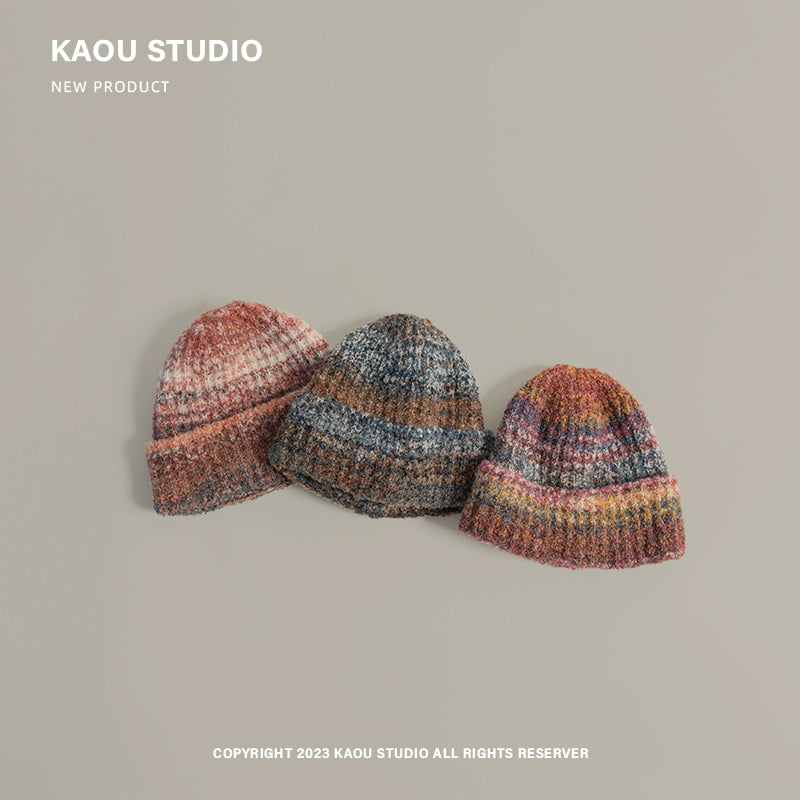 Mixed color wool hat niche design gradient children's knitted hat autumn and winter warm baby ear protection cold hat
