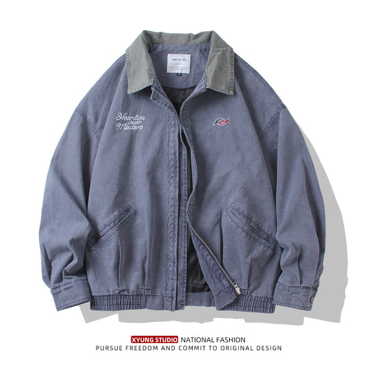 Autumn new American vintage cargo lapel jacket men's loose casual versatile jacket Japanese contrast collar top