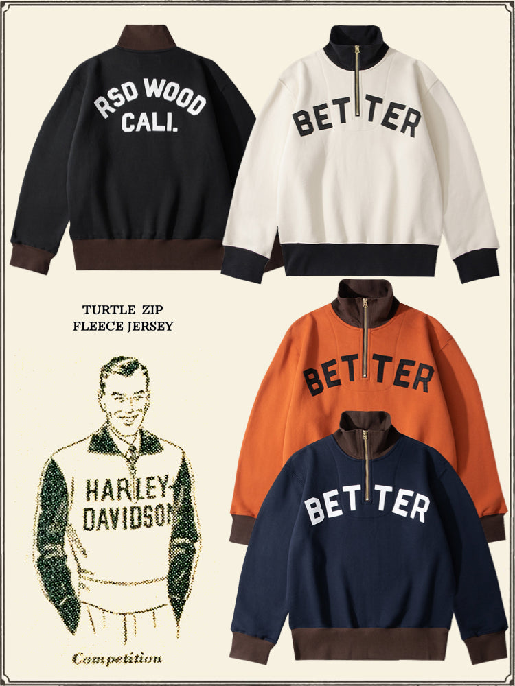 Vintage American Cotton Sweatshirt - Semi Zip Turtleneck with Letter Embroidery & Color Blocking