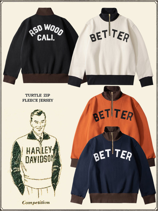 Vintage American Cotton Sweatshirt - Semi Zip Turtleneck with Letter Embroidery & Color Blocking