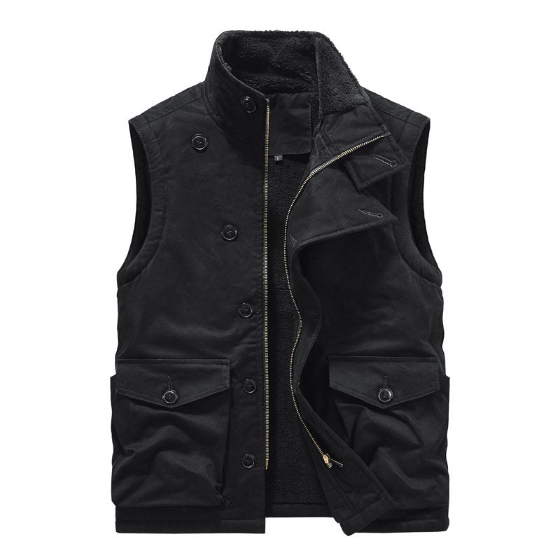 Multi-Pocket Fleece-Lined Utility Vest – Stand Collar Sleeveless Workwear Unisex – Vest | japanese streetwear | vintage workwear | unisex | Yamalinclothes